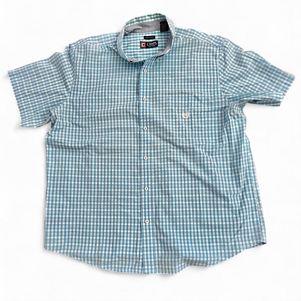 Chaps teal and white easy care checkered short sleeve button up summer shirt